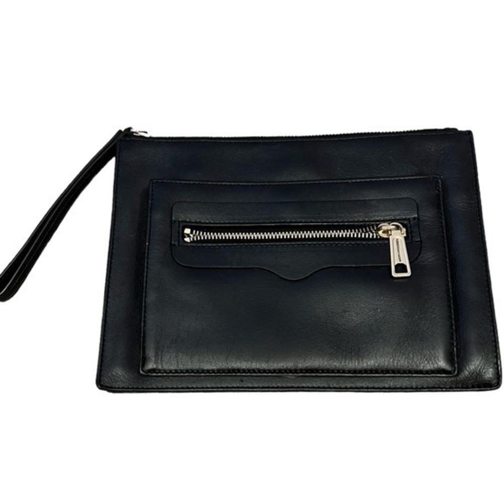 REBECCA MINKOFF black leather clutch handbag w large gold zippers & wrist strap